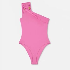 Versace Medusa  safety pin asymmetric gathered pink swim suit